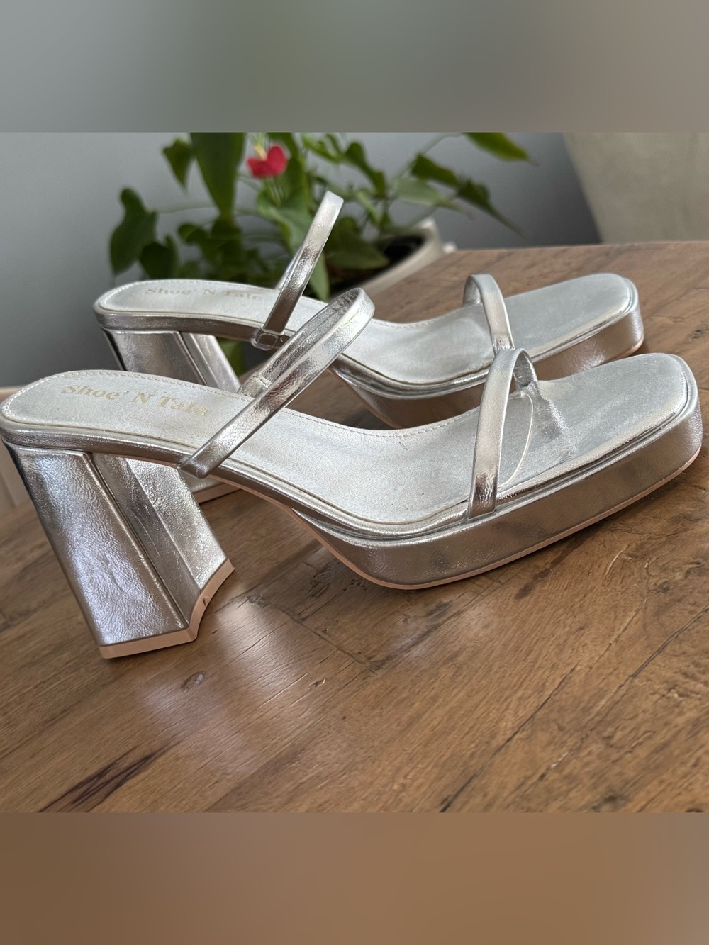 Metallic Silver Platform Block Heel Sandals